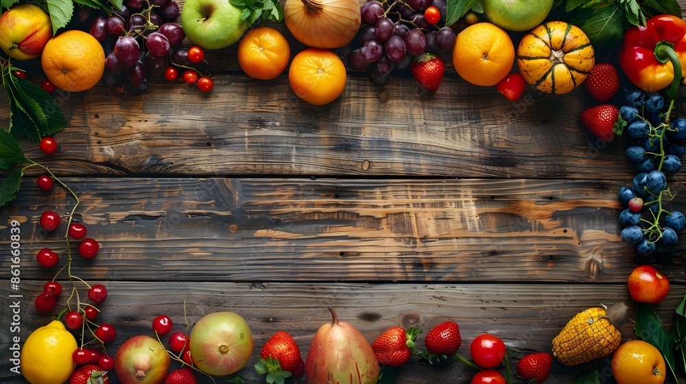 Autumnal Harvest Display on Rustic Wooden Table with Fresh Produce Autumnal Harvest Display on Rustic Wooden Table with Fresh Produce