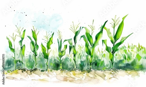 Spring corn field with water irrigation system and sprinklers watering plants. Digital illustration, white background, watercolor style photo