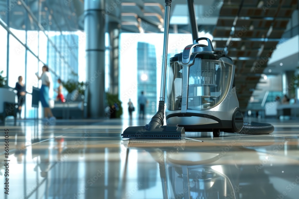 A close-up view of a vacuum cleaner on a tiled floor, suitable for use in product demonstrations or advertising A close-up view of a vacuum cleaner on a tiled floor, suitable for use in product demonstrations or advertising