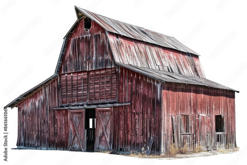 A classic farm building with a red and white color scheme, set against a plain white background A classic farm building with a red and white color scheme, set against a plain white background