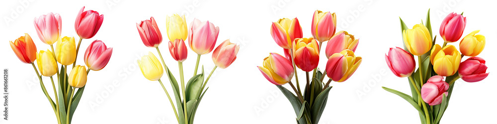 Collection of fresh natural pink, yellow, and red tulips flowers isolated on transparent or white background Collection of fresh natural pink, yellow, and red tulips flowers isolated on transparent or white background