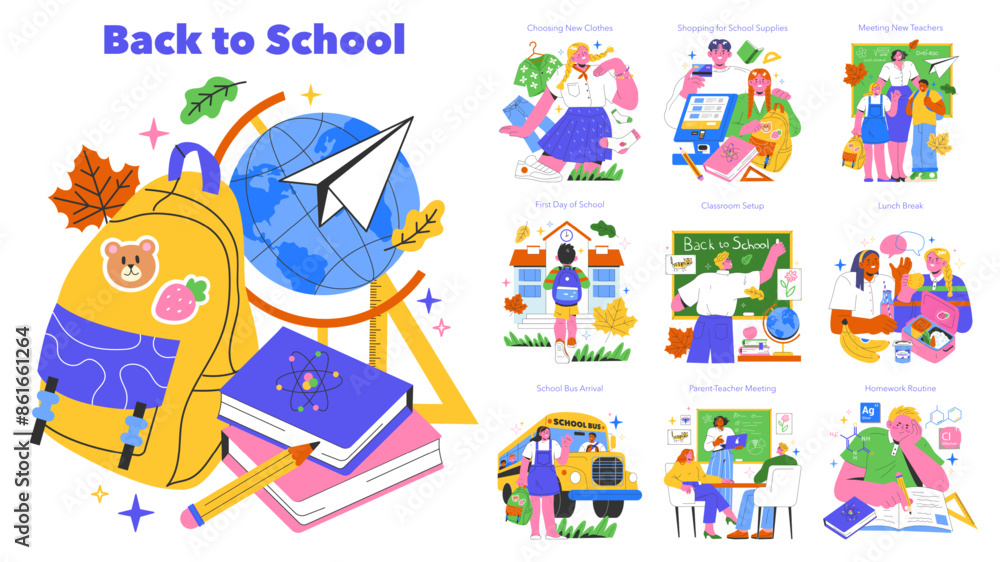 Fototapeta premium Back To School. Flat Vector Illustration