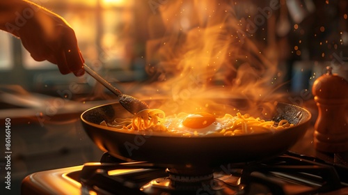 A person standing at a stove, stir frying noodles with a cracked egg on top in a sizzling hot pan photo