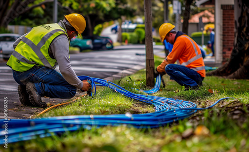 Construction Workers Installing Fiber Optic Cables on Street