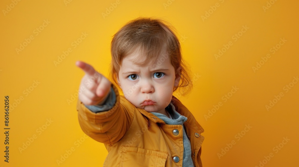 A young girl is pointing her finger at the camera in a playful gesture A young girl is pointing her finger at the camera in a playful gesture