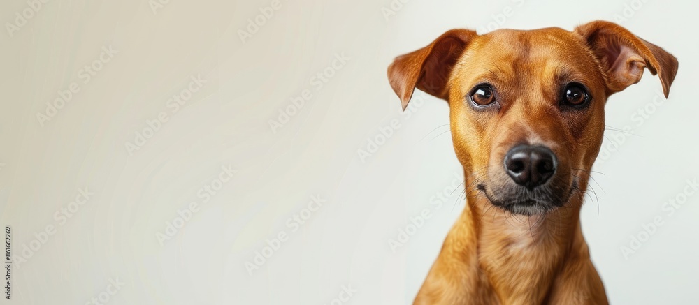 Charming red dog seated against a white backdrop with copy space image. Charming red dog seated against a white backdrop with copy space image.