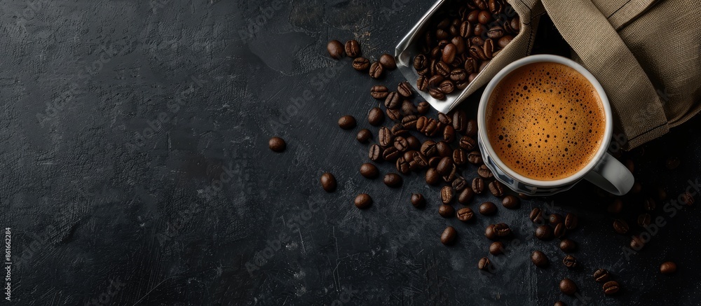 Top view of a cup of coffee surrounded by a dark background with a scoop of coffee beans in a bag prominently displayed, offering copy space image. Top view of a cup of coffee surrounded by a dark background with a scoop of coffee beans in a bag prominently displayed, offering copy space image.