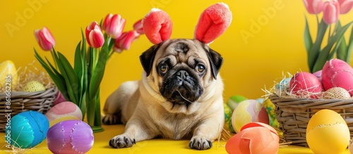 Adorable pug wearing bunny ...