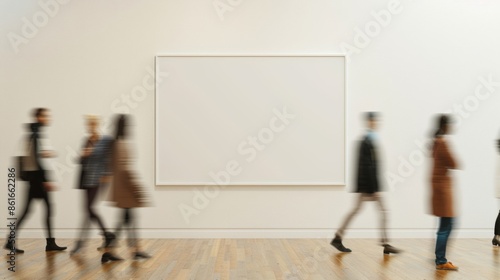 Serene Gallery Scene with Motion Blur of People Passing by an Elegant Mockup Frame, Soft Natural Lighting