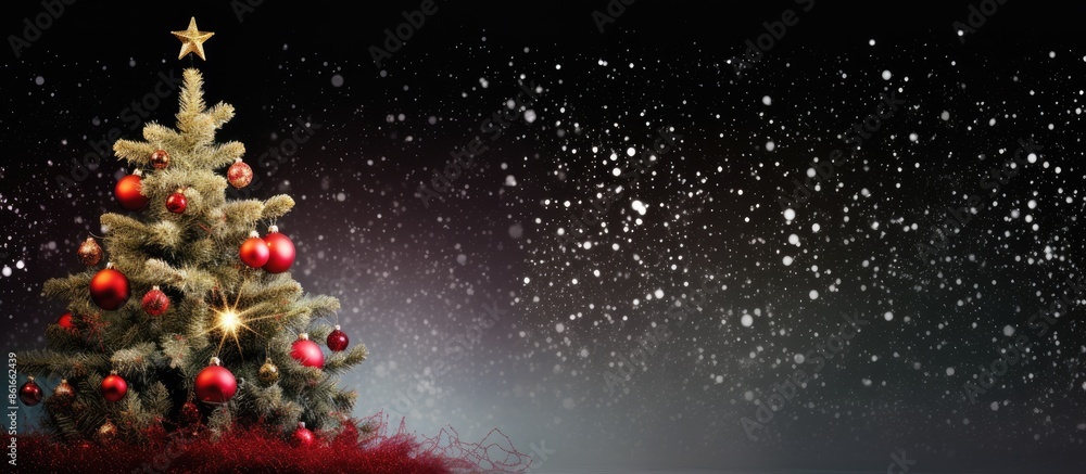 Festive Christmas card featuring a fir tree and decorations set against a sparkling glitter background, creating an ideal copy space image. Festive Christmas card featuring a fir tree and decorations set against a sparkling glitter background, creating an ideal copy space image.