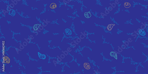 Vector seamless pattern of line art tropical sea elements, seashells, starfish. Doodles of marine life. Sea decor for scrapbook, card, decoration, design. Ocean creatures. Maritime illustration