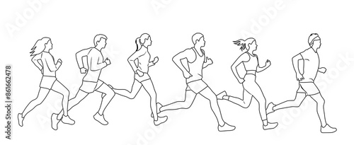 Vector silhouettes of men and women, group of running athletes, people profile, linear sketch, hand draw illustration, black color isolated on white background
