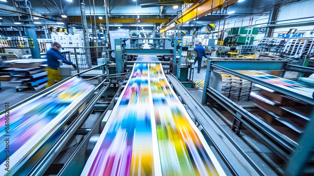 Printing Press in Action - Colorful Papers Moving on a Conveyor Belt Printing Press in Action - Colorful Papers Moving on a Conveyor Belt