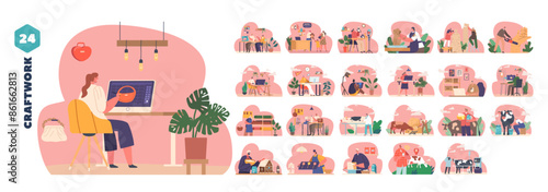 Isolated Vector Elements With Cartoon Characters Engaging In Different Craft Works, Creative Activities, Productivity