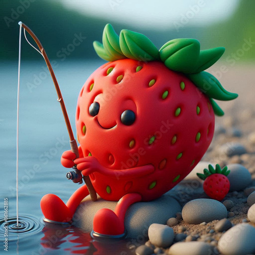 A cute strawberry with a green stem sitting on the side of a river, holding a fishing pole and smiling, Claymation style.