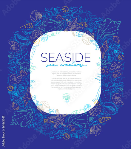 Vector frame, border, vignettes, corners of line art tropical sea elements, seashells, starfish. Doodles of marine life. Sea decor for scrapbook, card, design. Ocean creatures. Maritime illustration