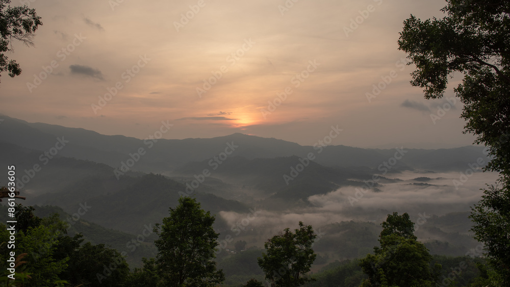 Fototapeta premium Morning view high on the mountain.