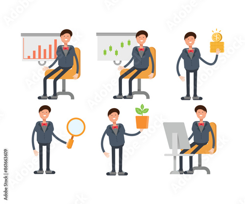 businessman in suit characters in various poses vector illustration