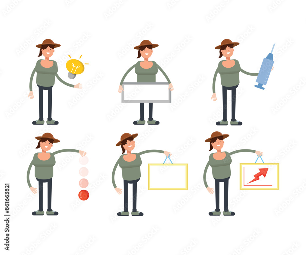 woman with hat characters in various poses vector illustration woman with hat characters in various poses vector illustration