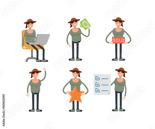 woman with hat characters in various poses vector illustration
