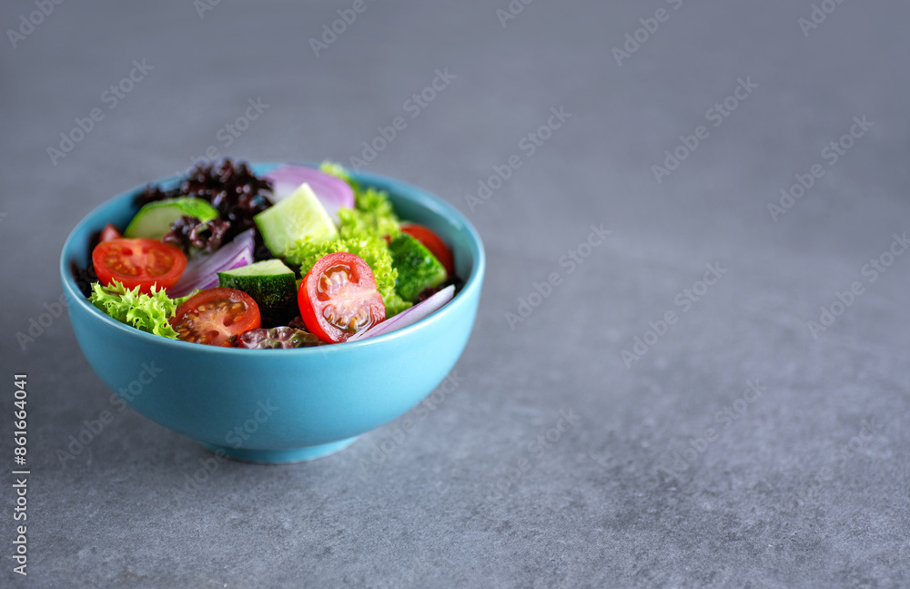 Healthy salad of fresh vegetables in a plate on a gray background. Healthy salad of fresh vegetables in a plate on a gray background.