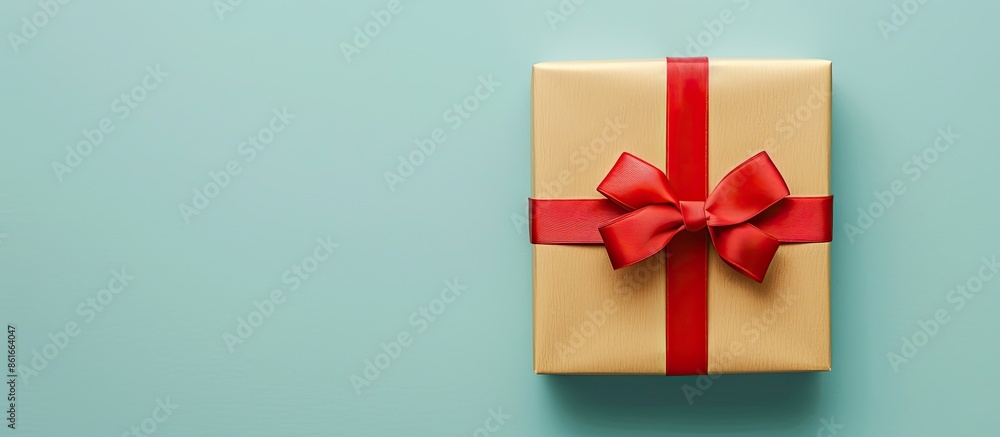 Golden gift box with red ribbon Isolated on pastel background. with copy space image. Place for adding text or design Golden gift box with red ribbon Isolated on pastel background. with copy space image. Place for adding text or design