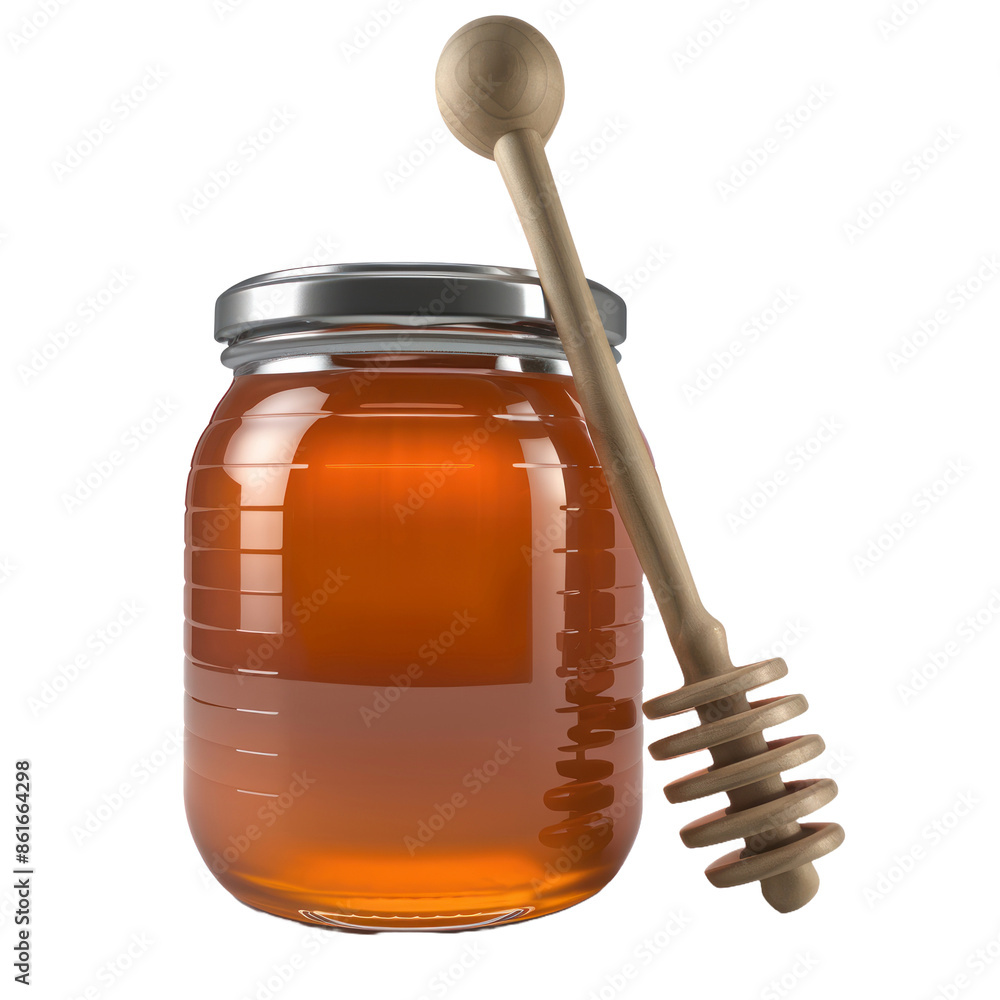 Golden Honey Jar with Metal Lid and Wooden Dipper, Sweet Organic Nectar - Generative ai Golden Honey Jar with Metal Lid and Wooden Dipper, Sweet Organic Nectar - Generative ai