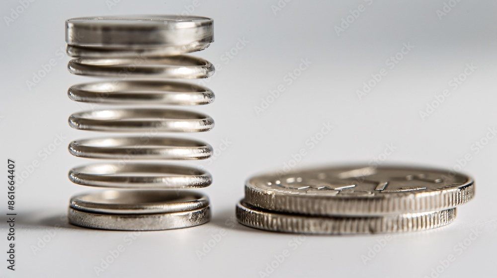 High-resolution macro image of a chart tower and a silver coin, with enhanced detail and focus stacking, isolated on a white background High-resolution macro image of a chart tower and a silver coin, with enhanced detail and focus stacking, isolated on a white background
