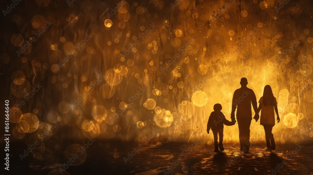 A man, a boy and a girl are walking in the rain. The man is holding the girl's hand A man, a boy and a girl are walking in the rain. The man is holding the girl's hand