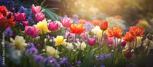 Wallpaper Mural Spring blooms in vibrant hues decorate the garden, set against a blurred backdrop ideal for a copy space image. Torontodigital.ca