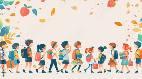 A traditional back-to-school event, with children and teachers involved, with space for text, minimal, bright style © Naret