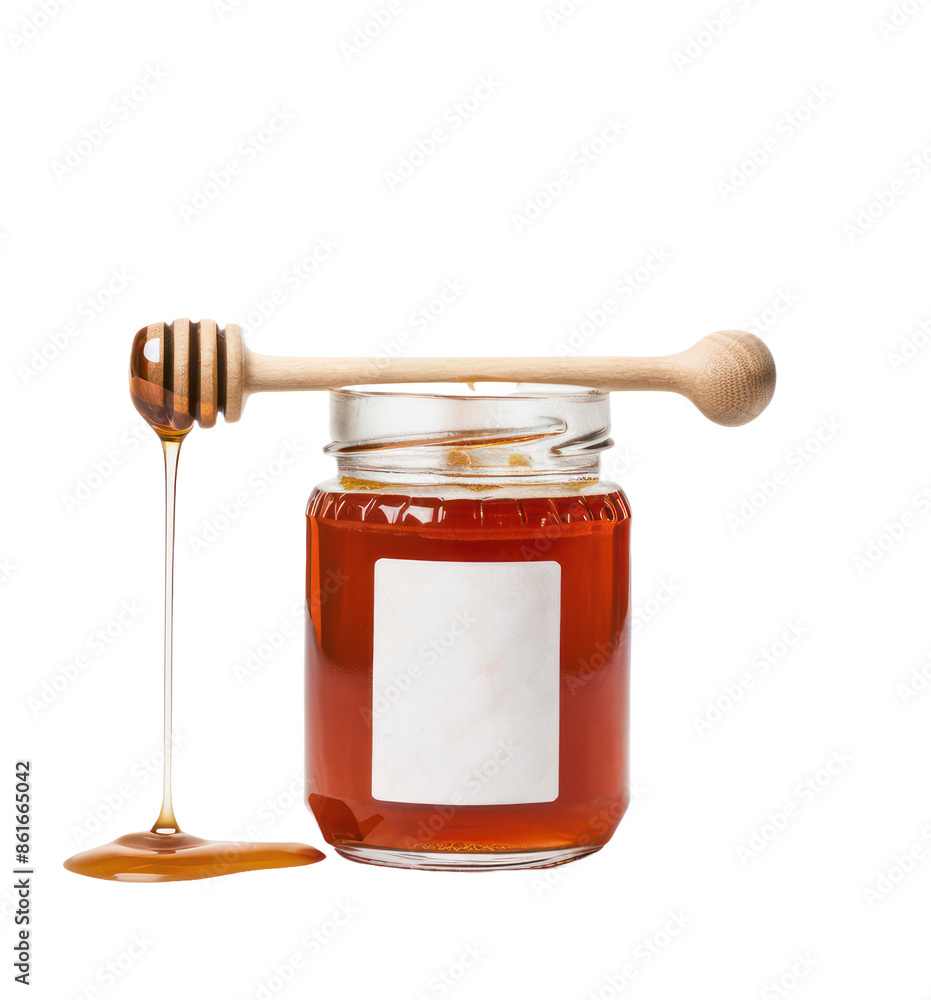 Golden Honey Jar with Wooden Dipper Dripping Sweet Organic Nectar - Generative ai Golden Honey Jar with Wooden Dipper Dripping Sweet Organic Nectar - Generative ai