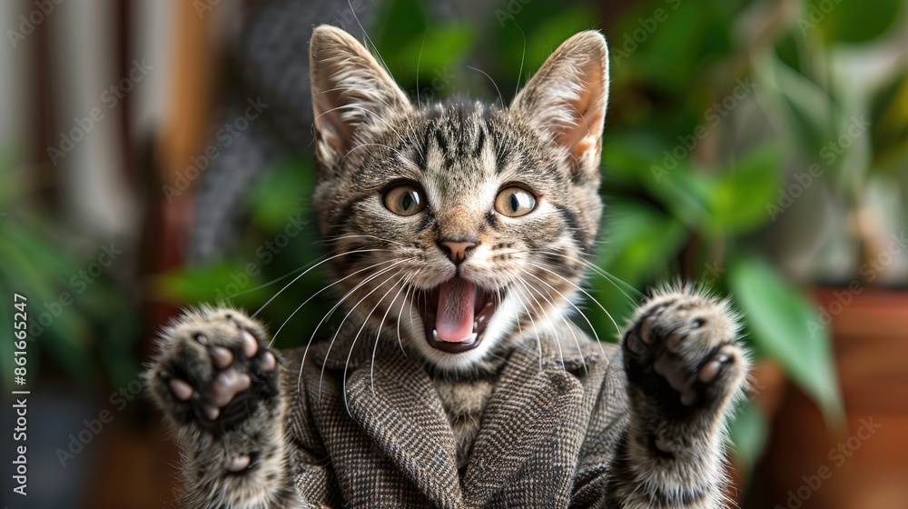 Studio portrait of young happy amazed excited cat in a suit, winner gesture Studio portrait of young happy amazed excited cat in a suit, winner gesture