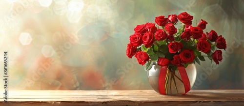 Red roses in a pot with a r...