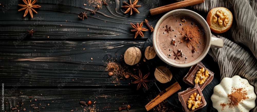 Top view of a hot chocolate cup with nuts, buns, and spices on a linen napkin and black wooden backdrop, with ample copy space image. Top view of a hot chocolate cup with nuts, buns, and spices on a linen napkin and black wooden backdrop, with ample copy space image.