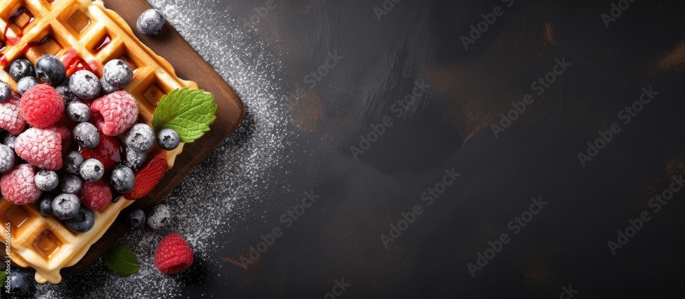 Menu concept featuring Belgian or Viennese waffles as a sweet dessert snack with a top view for background highlighting copy space image. Menu concept featuring Belgian or Viennese waffles as a sweet dessert snack with a top view for background highlighting copy space image.