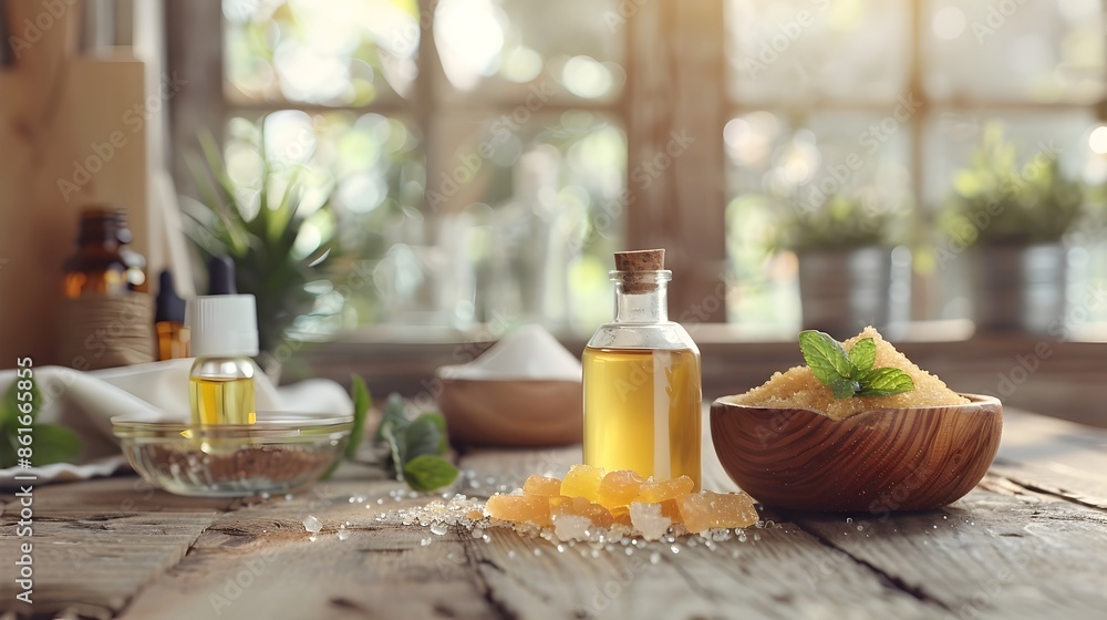 Homemade Natural Cleaning Products on Rustic Wooden Table with Copy Space Homemade Natural Cleaning Products on Rustic Wooden Table with Copy Space