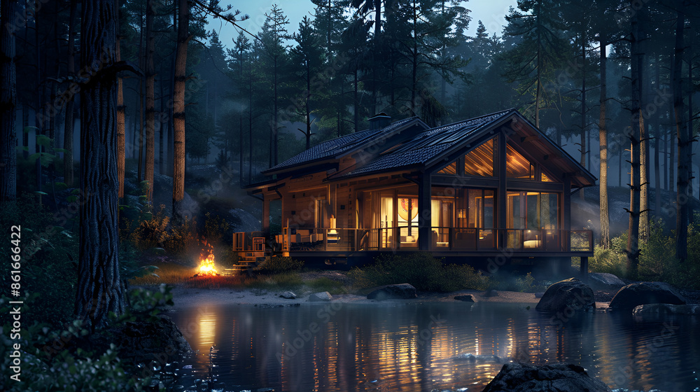 Fototapeta premium Secluded Cabin in the Woods: Nighttime Glow
