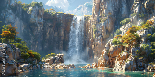 Wallpaper Mural  A Beautiful Waterfall Flowing into a Clear Pool Amidst Rocky Cliffs and Verdant Foliage Torontodigital.ca