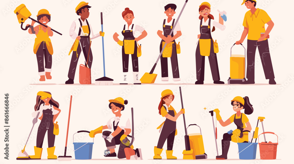 Fototapeta premium Cleaning staff. Cleaners characters commercial house