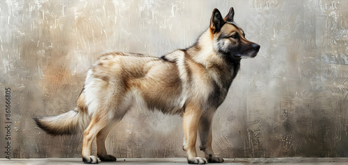 A Norwegian Elkhound standing with a bushy tail photo