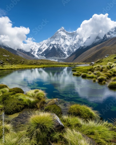 Serene Mountain Lake Scene near Mount Everest with Lush Greenery and Snow-Capped Peaks