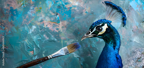 A peacock as an artist with a paintbrush