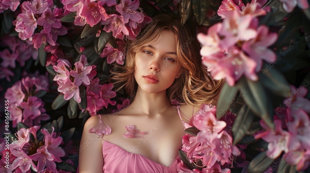 A woman wearing a pink dress surrounded by flowers A woman wearing a pink dress surrounded by flowers