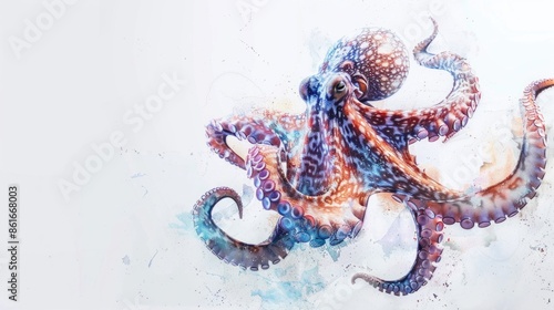 A close-up shot of an octopus sitting on a white background, its tentacles curled and uncurled photo