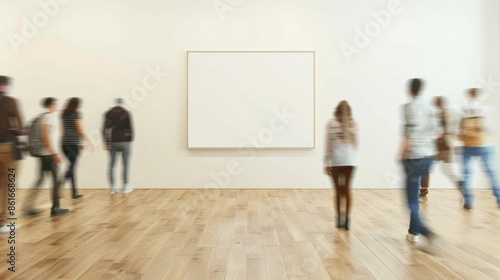 Modern Art Gallery Interior with Blank Mockup Frame and Blurred Visitors in Soft Pastel Tones