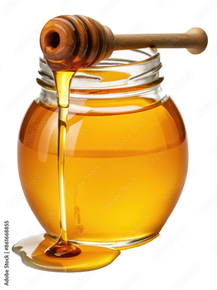 Golden Honey Jar with Wooden Dipper, Pouring Sweet Organic Nectar - Generative ai Golden Honey Jar with Wooden Dipper, Pouring Sweet Organic Nectar - Generative ai