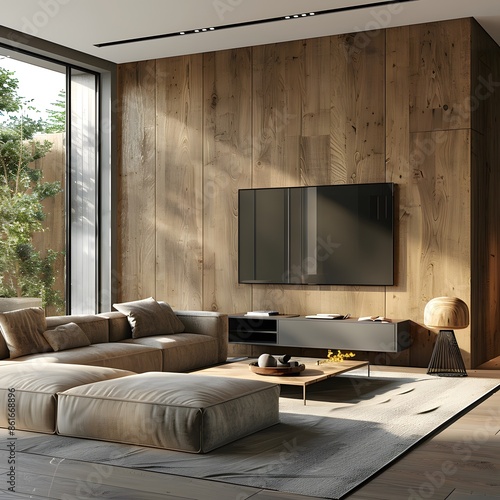 Modern minimal living room with a sofa and a sofatable in oak wood in front of a tv wall photo