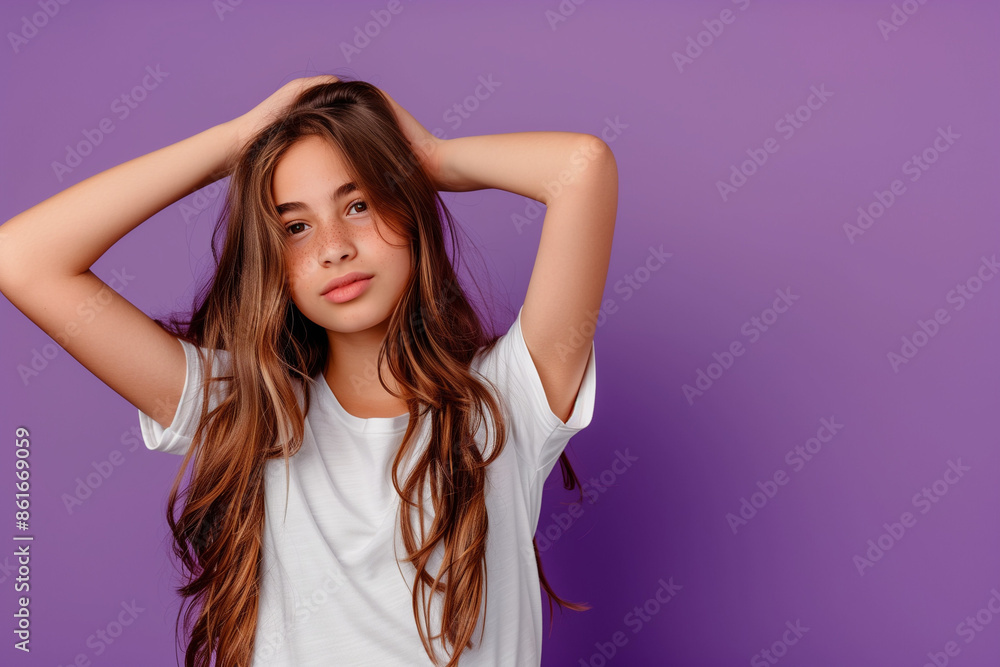 Portrait of a serene young girl in a white shirt, touching her hair, set against a vivid purple background, ideal for lifestyle and fashion content Portrait of a serene young girl in a white shirt, touching her hair, set against a vivid purple background, ideal for lifestyle and fashion content