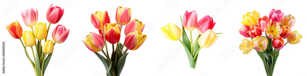Collection of fresh natural pink, yellow, and red tulips flowers isolated on transparent or white background Collection of fresh natural pink, yellow, and red tulips flowers isolated on transparent or white background